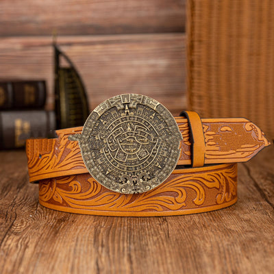 Cinturón de Cuero PU con Hebilla Calendario Azteca - Estilo Retro - Image 5