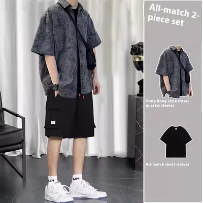 Conjunto de Tres Piezas Estilo Hong Kong - Camisa, Abrigo y Pantalones Cortos - Image 9