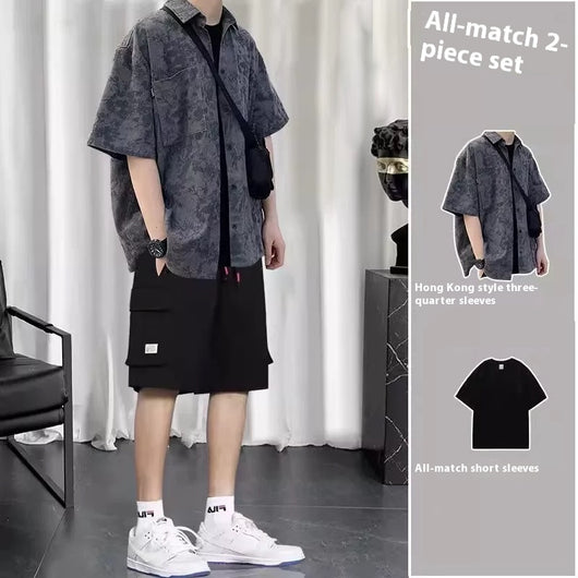 Conjunto de Tres Piezas Estilo Hong Kong - Camisa, Abrigo y Pantalones Cortos - Image 9