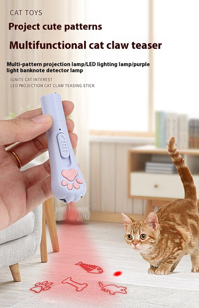 Light purple paw-shaped cat laser pointer toy with USB charging, featuring multiple red laser patterns, soft white light, and UV light. - Image 14