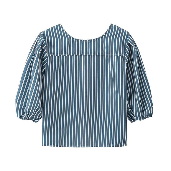 Blusa Listrada com Laço e Cadarços - Estilo Europeu e Americano