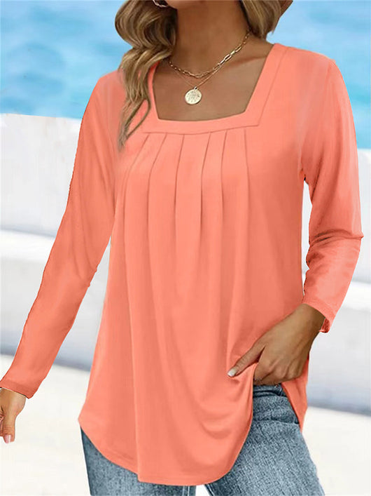 Blusa Plisada Cuello Cuadrado Manga Larga Talla Grande Algodón Imitación - Image 2