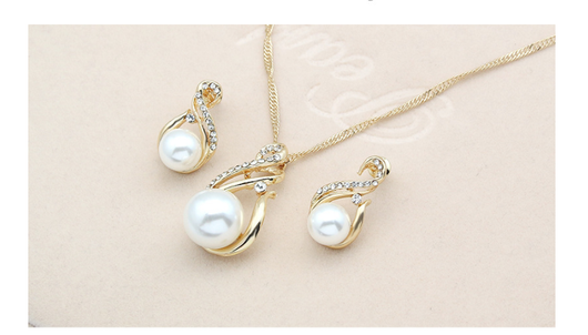 Gold-tone necklace and matching earrings set with white faux pearls and clear rhinestones, ideal for bridal or dinner wear. - Image 15