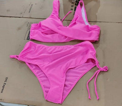 Green strappy bikini swimsuit with a wrap-front top and high-waisted bottoms with adjustable side ties. - Image 6