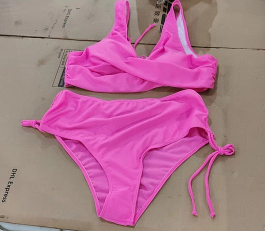 Green strappy bikini swimsuit with a wrap-front top and high-waisted bottoms with adjustable side ties. - Image 6