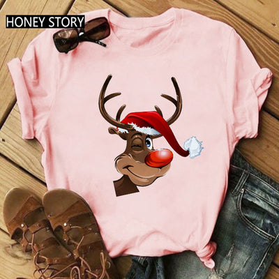 Playera Navideña Roja para Parejas - Diseño Reno y Santa - Image 29