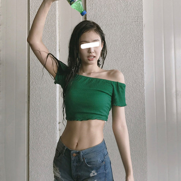 Blusa Escotada Plisada Verde Retro para Mujer