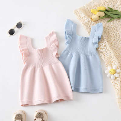 Vestido Tejido para Niña con Mangas Volantes y Detalles Selvedge
