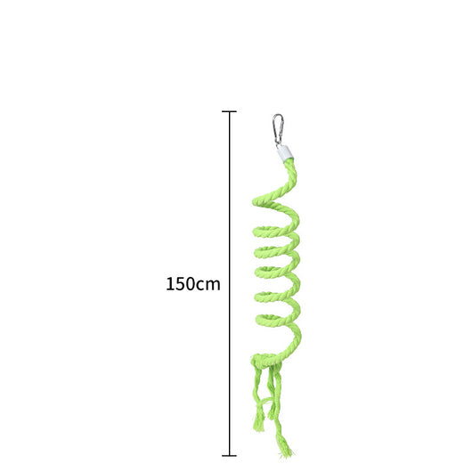 Bright green 150cm spiral rope bird perch with a metal clip, designed for climbing and perching in bird cages. - Image 14