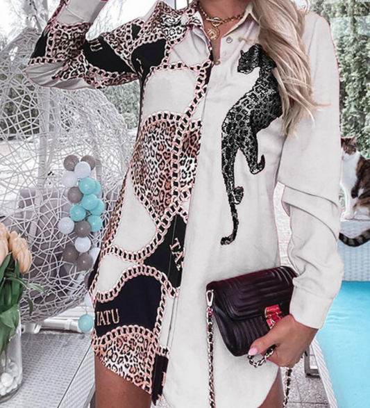 Camisa Larga Leopardo Cruzada - Diseño Europeo y Americano para Mujer