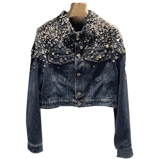 Chaqueta Denim Suelta con Cuentas y Diamantes de Manga Larga - Image 5