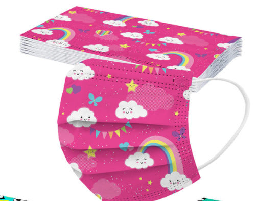 Pink children's protective mask with a cute panda and colorful balloon pattern, featuring white ear loops.
