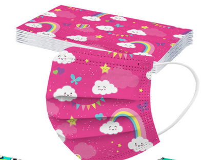 Pink children's protective mask with a cute panda and colorful balloon pattern, featuring white ear loops.