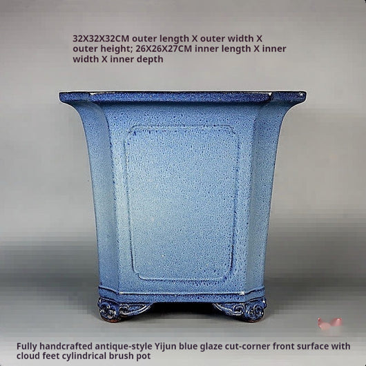 Maceta Bonsái Artesanal Azul Claro Esmaltada Forma Tubo Antiguo - Image 5