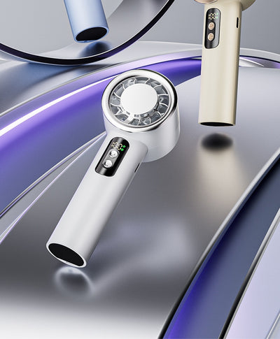 Obsidian black handheld fan with gold accents, digital display, and semiconductor ice cooling for high-speed cool air. - Image 25