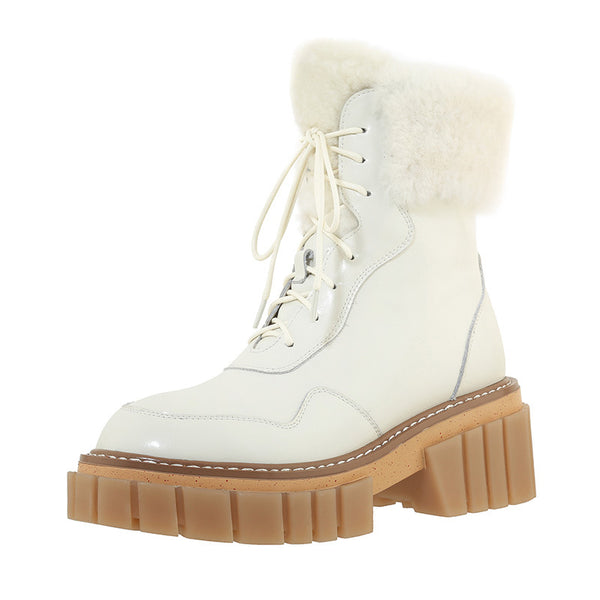 Botas de Nieve Mujer Cuero con Suela Gruesa y Forro de Lana Beige