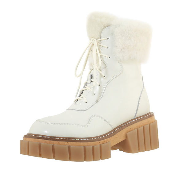 Botas de Nieve Mujer Cuero con Suela Gruesa y Forro de Lana Beige