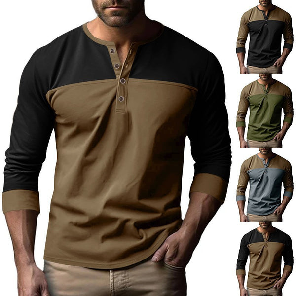 Camisa Casual de Cuello Henry con Combinación de Colores - Manga Larga Estilo Retro
