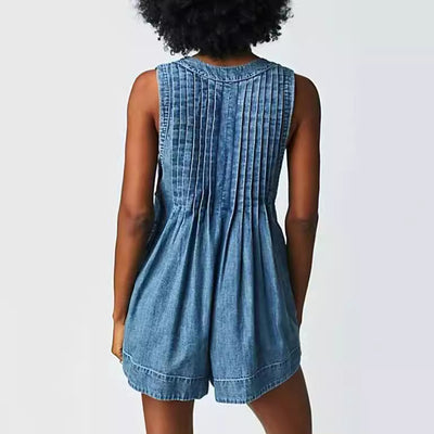 Mono Corto Denim Sin Mangas Cuello en V con Bolsillos - Estilo Playero Verano - Image 9