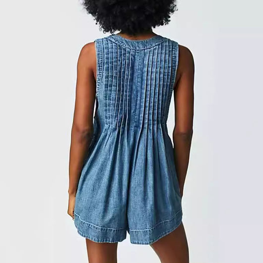 Mono Corto Denim Sin Mangas Cuello en V con Bolsillos - Estilo Playero Verano - Image 9