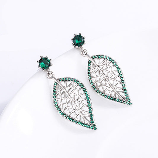 Aretes de Plata 925 con Diamantes Verdes Diseño Hoja