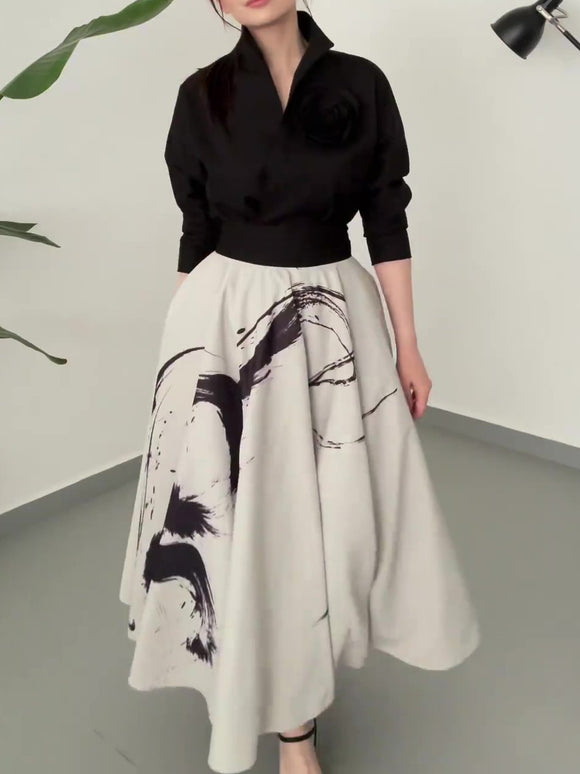 Camisa Negra Floral de Manga Larga con Nudo