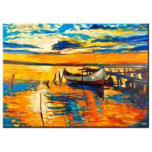 Cuadro Óleo Pintado a Mano - Decoración Barco en Muelle, Tonos Naranja y Azul - Image 10