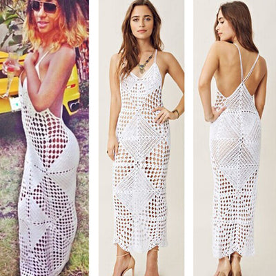 Woman wearing a white hollow-knit one-piece swimsuit with spaghetti straps and a geometric crochet pattern. - Image 3