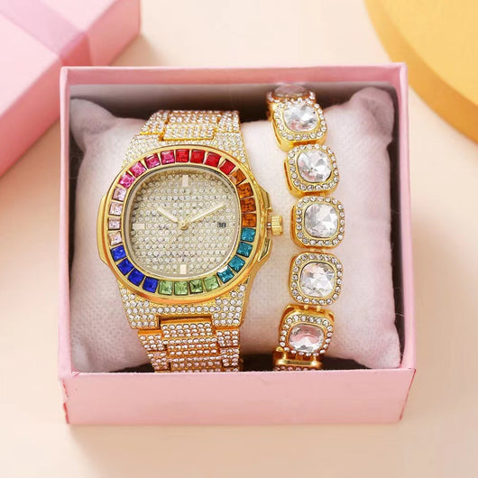 Reloj de Pulsera Cuadrado de Acero con Diamantes Incrustados y Calendario - Image 3