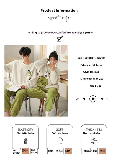 Couple wearing matching cream coral fleece pajamas with gray pants and bear embroidery, seated on a bed. - Image 29