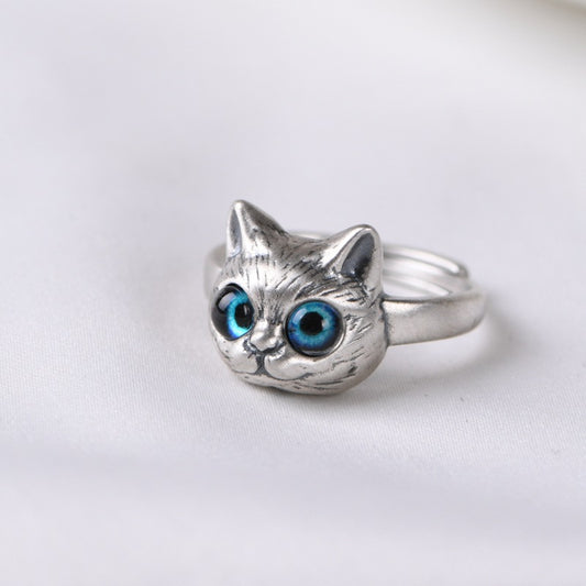 Anillo de Plata Estilo Retro Gatito Vintage