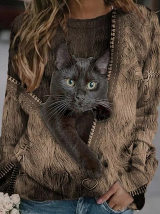 Gray long-sleeve t-shirt with a cartoon black cat peeking out of a printed zipper design, worn by a woman. - Image 3