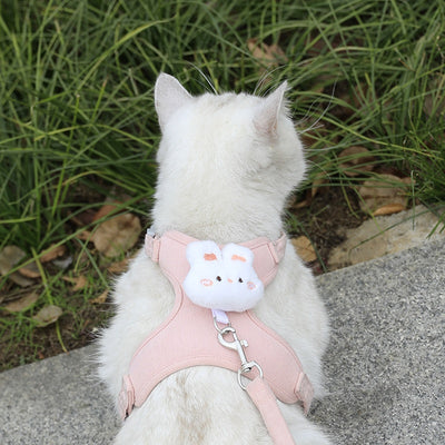 Pink corduroy pet harness and leash set with a white plush rabbit design, shown with a size chart. - Image 4
