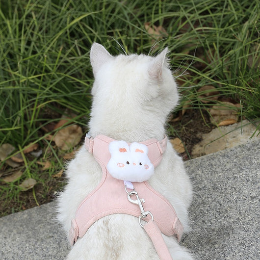 Pink corduroy pet harness and leash set with a white plush rabbit design, shown with a size chart. - Image 4