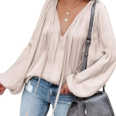 Blusa de Satén con Cuello en V y Mangas Largas para Mujer - Image 13