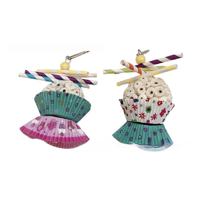 Two parrot shredding toys, shaped like cupcakes with paper straws, featuring colorful paper cups and a metal clasp. - Image 4