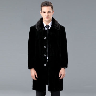 Abrigo de Cuero para Hombre Largo Hasta la Rodilla con Detalles de Piel de Cordero - Image 3