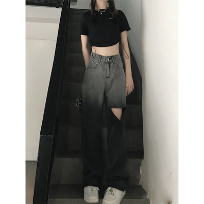 Pantalones Vaqueros Rotos Cintura Alta Pierna Recta Mujer - Image 10