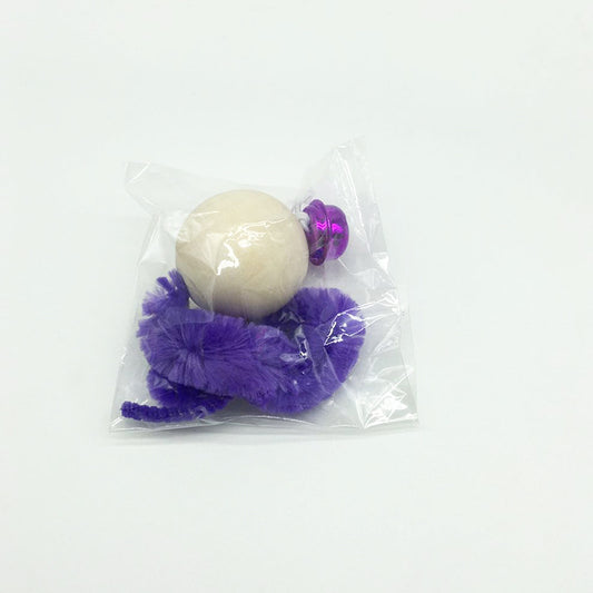 Wooden bead cat toy with a golden bell and a neon yellow fuzzy worm-like attachment on a white background.