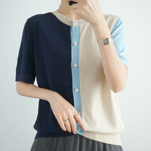 Blusa Fresca de Bloques de Color con Cuello en V - Image 5
