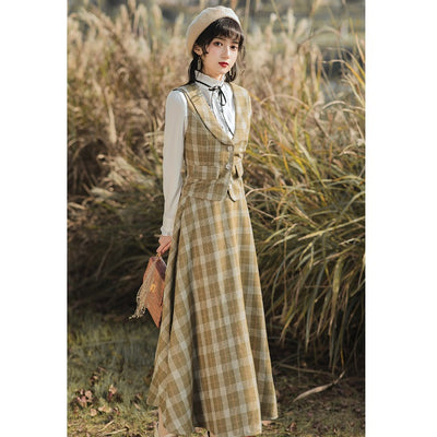 Conjunto Falda y Chaleco Cuadros Retro con Cuello Alto - Image 11