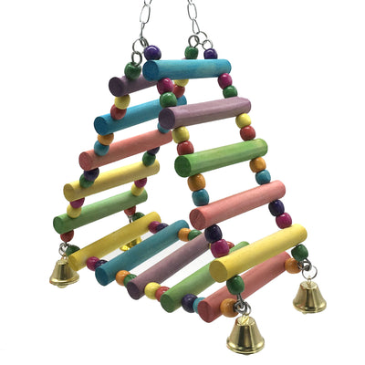 Colorful wooden bird toy with ladder-style perches, round beads, and bells, designed for parrots and parakeets. - Image 3