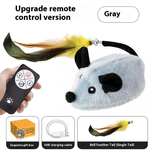 Gray plush electric mouse cat toy with black ears and eyes, featuring a yellow and green feather tail with a bell. Includes a USB charging cable and gift box. - Image 9
