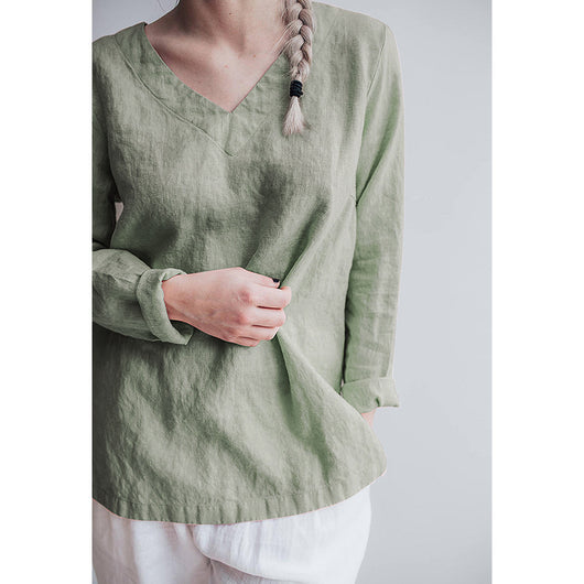 Blusa de Lino Puro Cuello V Manga Larga para Mujer - Image 3