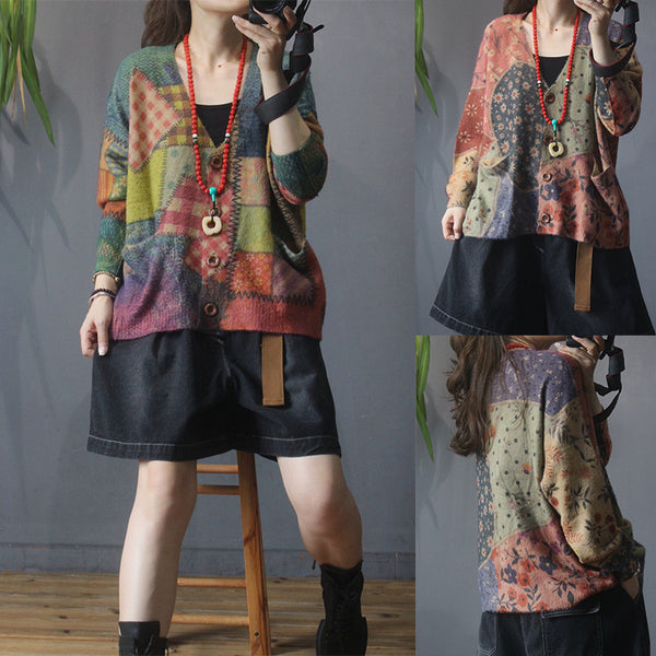 Cardigan de Punto Vintage con Cuello en V y Estampado