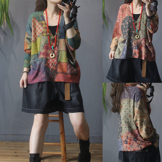 Cardigan de Punto Vintage con Cuello en V y Estampado
