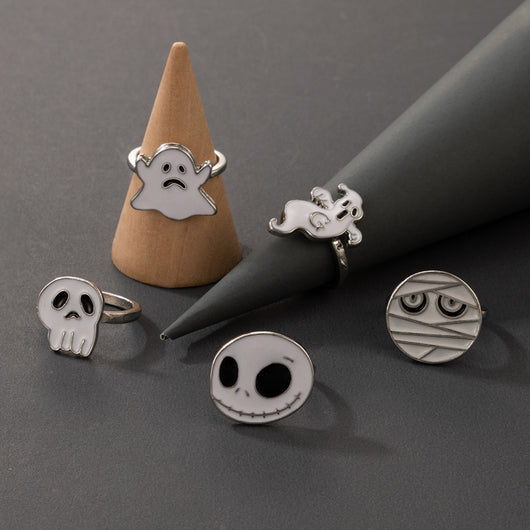 Juego de 5 Anillos de Calavera para Halloween — Blanco - Image 4