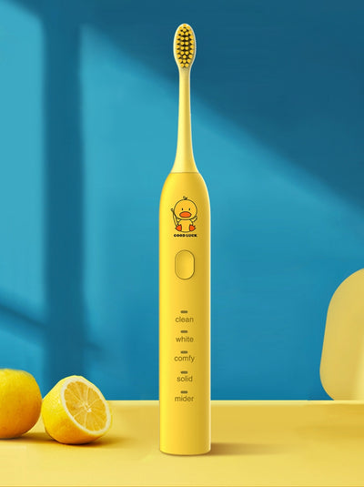 Light blue electric toothbrush with four soft bristle brush heads and a decorative box with teal leaf pattern. - Image 6