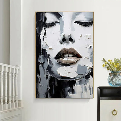 Cuadro Pintura al Óleo Abstracto Blanco y Negro Retrato Moderno de Mujer para Decoración del Hogar - Image 4