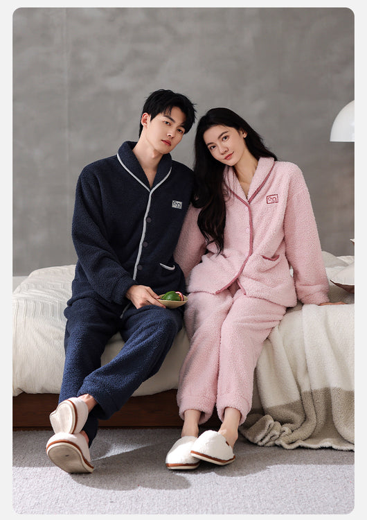 Pijama de Pareja Franela Gruesa Coral Fleece Manga Larga Abrigado - Image 30